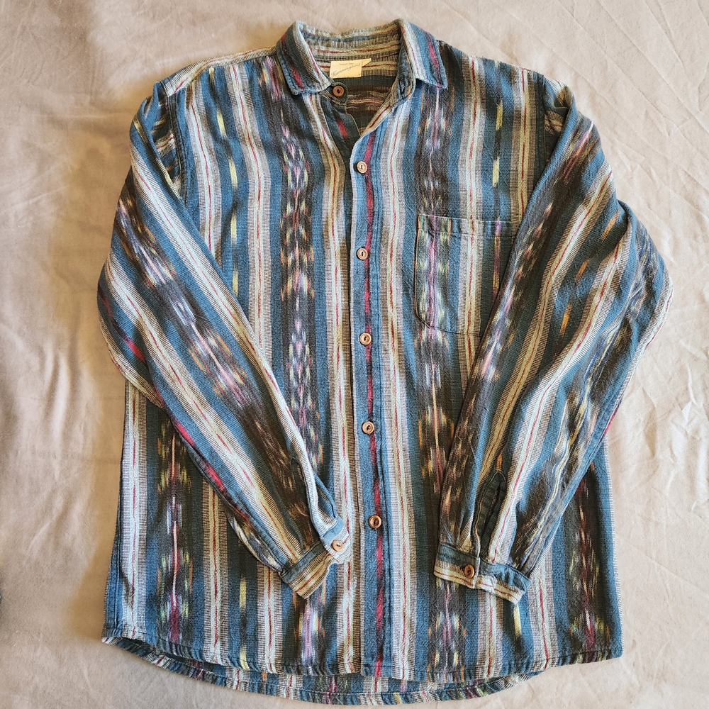 Vintage Handwoven Guatemalan Shirt – Burgundy & Green Stripes – Size M